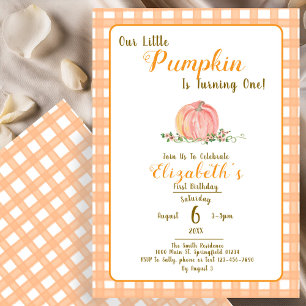 Orange Gingham Vår lilla Pumpkin Första födelsedag Inbjudningar