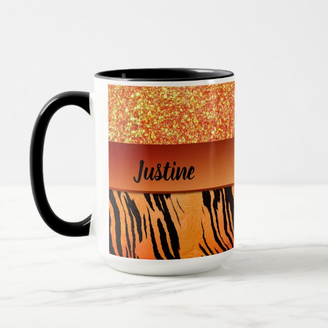Orange Glam Glitter Tiger Print Personlig Mugg (Vänster)