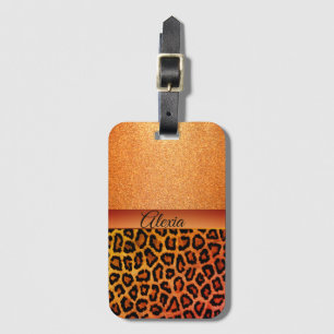 Orange Glitter Exotic Leopard Print Personlig Bagagebricka