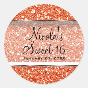 Orange Glitter Glam Sweet 16 Anpassad Festgåva Runt Klistermärke