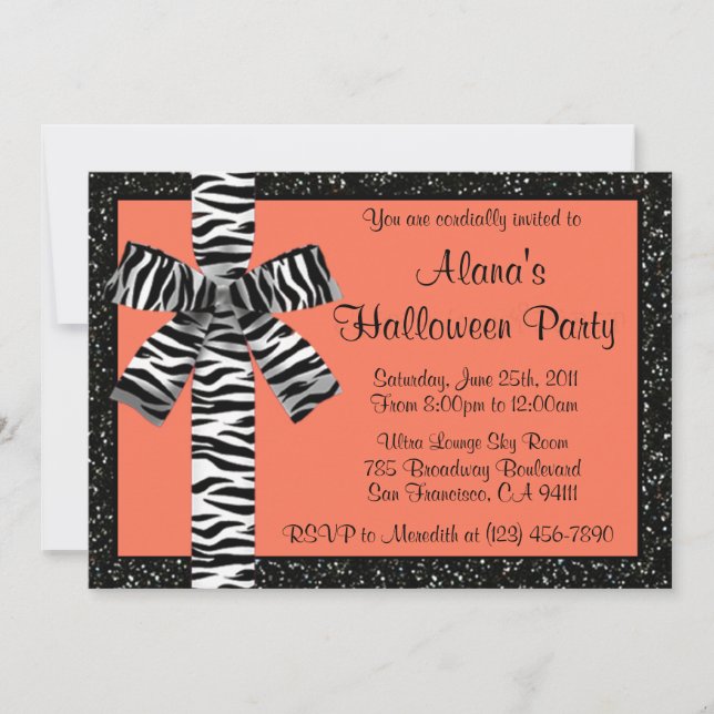 Orange Glitter Halloween Inbjudan med Zebra Bow (Framsida)