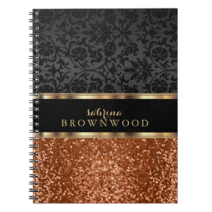 Orange Glitter och Black Damask Anteckningsbok
