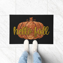 Orange Glitter Pumpkin Hej Fall Doormat