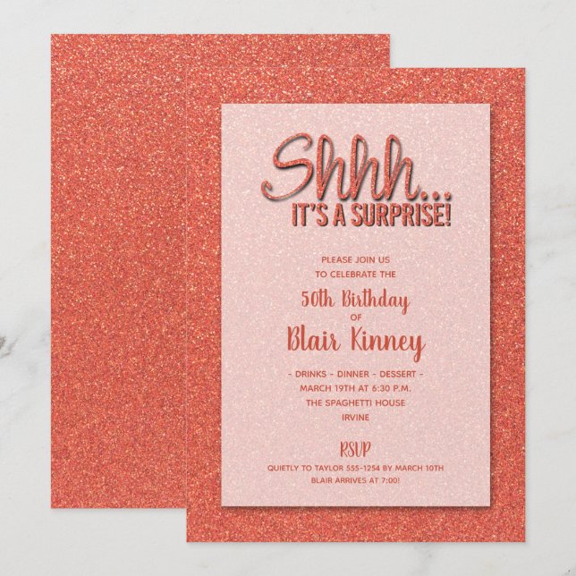 Orange Glitter SURPRISE Birthday Inbjudningar (Fram/baksida)