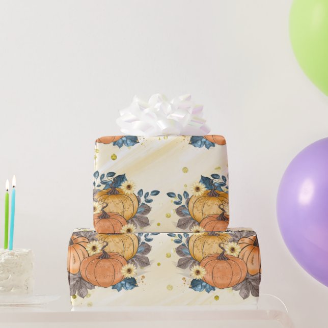 Orange Glittery Pumpkins on Glittery Gult Tack Presentpapper (Festgåvor)