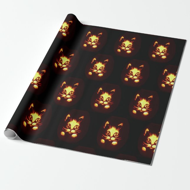 Orange Glödande Halloween Katt Presentpapper (Utrullad)