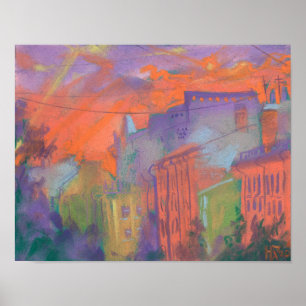 Orange Glow City Sunset Landscape Pastellmålning Poster