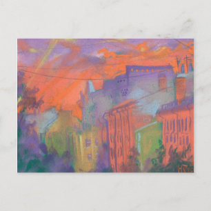 Orange Glow City Sunset Landscape Pastellmålning Vykort