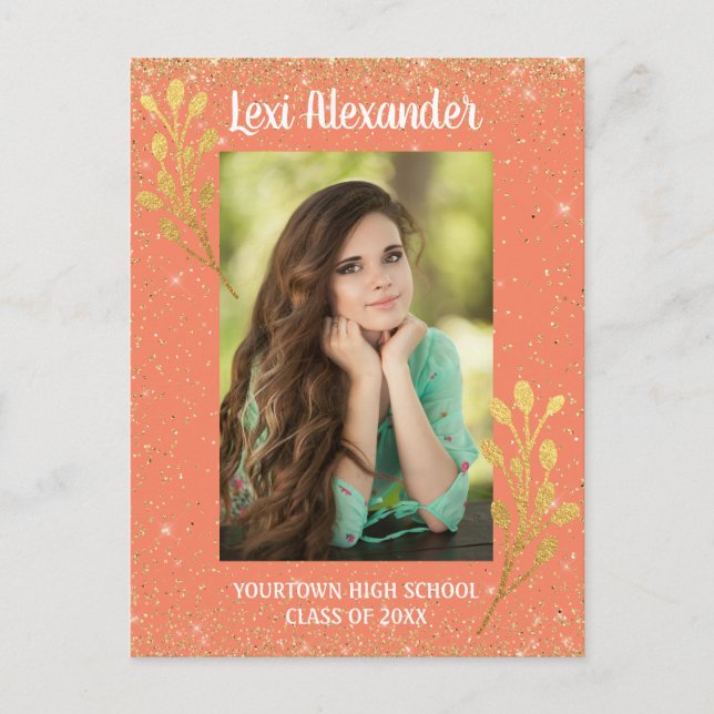 Orange Gold Glitter Examenstillkännagivande Meddelande Vykort (Framsida)