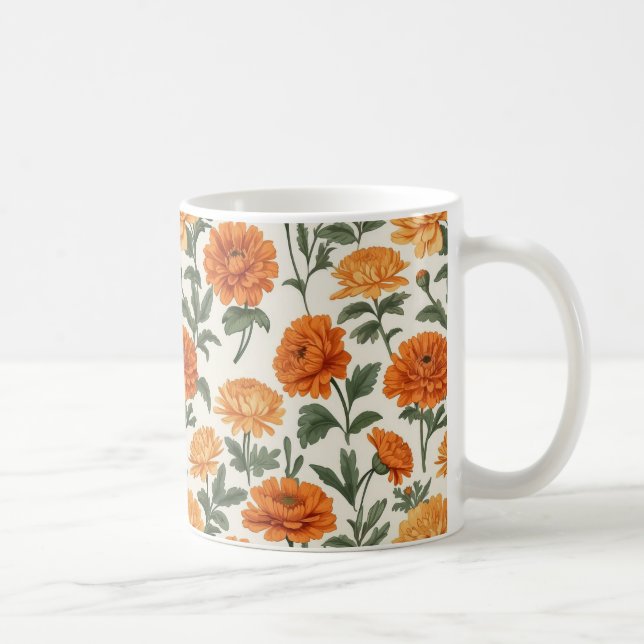 Orange Gold Höst Sammetblommor Lövverk Mönster Kaffemugg (Höger)
