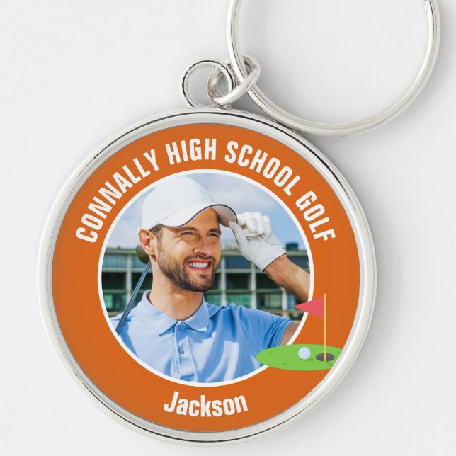 Orange Golfer Photo High School Golf Team Rund Silverfärgad Nyckelring (Framsidan)
