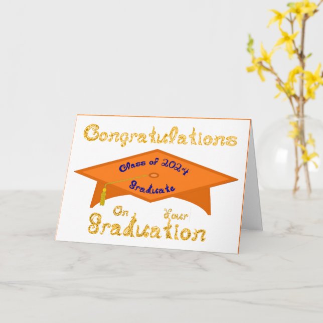 Orange Grad Cap Guld Blue Student Class 2024 Hat Kort (Gul blomma)