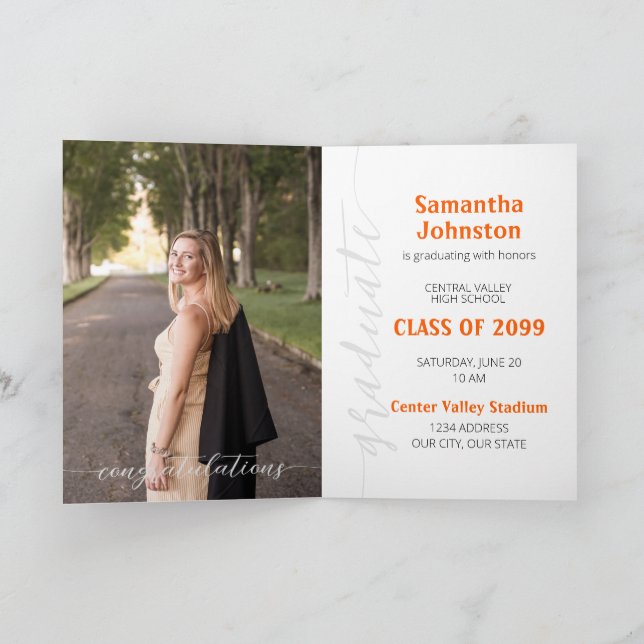 Orange Graduate Script Modern Foto Inbjudan (Inuti)
