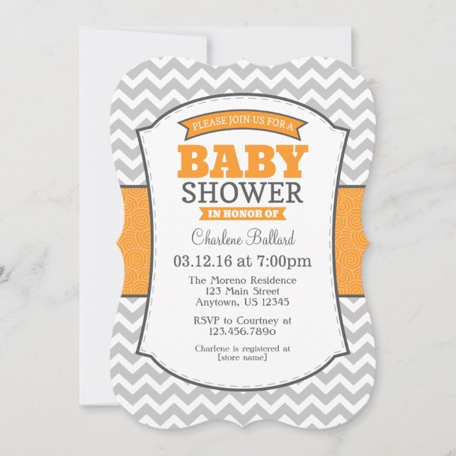 Orange Grått Chevron Baby Shower-inbjudan Inbjudningar (Framsida)