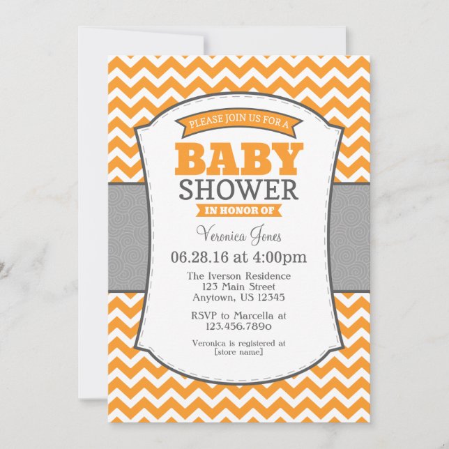 Orange Grått Chevron Baby Shower-inbjudan Inbjudningar (Framsida)