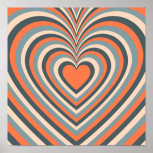 Orange Grått Hypnotic Heart Kärlek Mönster Poster