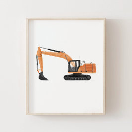 Orange grävmaskin byggarbetsplats barnkammardekora poster