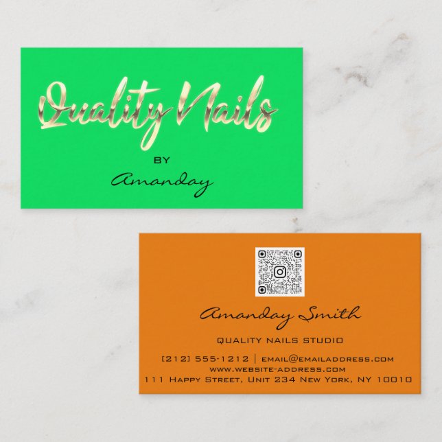Orange GreenGold Quality Nagel-skript QRCode-Logot Visitkort (Fram/baksida)