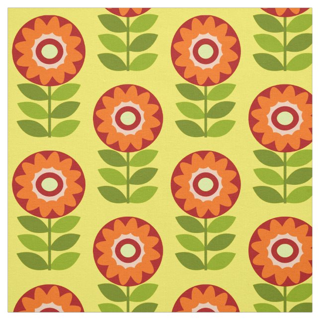 Orange, Grön Och Gul Retro Blommönster Tyg (Provkarta)