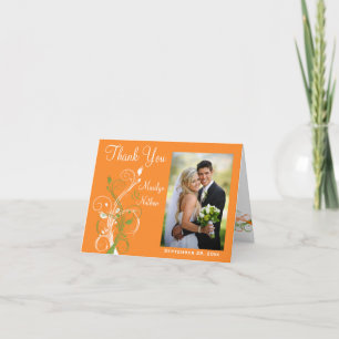 Orange Grön Vit Blommig Foto Tackkort