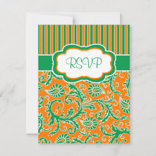 Orange, Grön, Vit Blommig Randig RSVP-Kort Inbjudningar