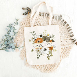 Orange, Grönt Blommigt Bridesmaid Monogram Namn Tygkasse