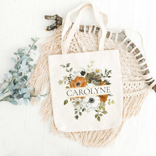 Orange, Grönt Blommigt Bridesmaid Monogram Namn Tygkasse