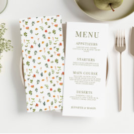 Orange grönt blommigt - menykort för rustik bröllo