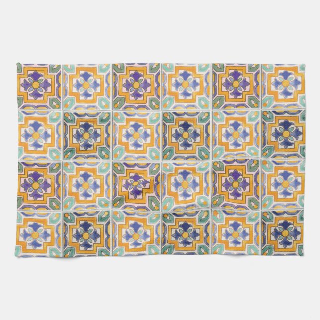 Orange-Grönt-Blue-Tile Kitchen Towers Kökshandduk (Horisontell)