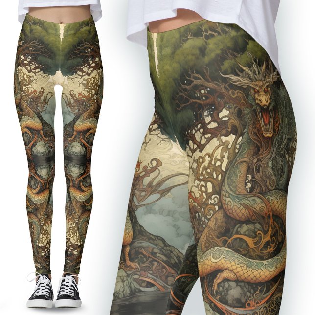 Orange Grönt China Nature Träd Dragon Tattoo Leggings (Skapare uppladdad)