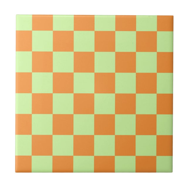 Orange Grönt Citrus Checkered Gingham Mönster Kakelplatta (Framsidan)
