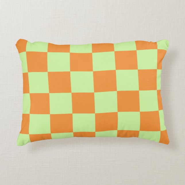Orange Grönt Citrus Checkered Gingham Mönster Prydnadskudde (Framsidan)