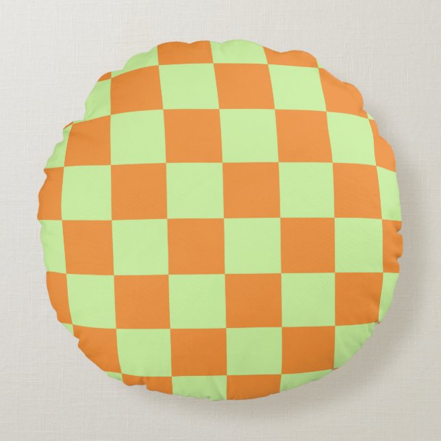 Orange Grönt Citrus Checkered Gingham Mönster Rund Kudde (Framsidan)