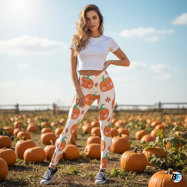 Orange Grönt Cute Smiling Pumpkin Mönster Leggings (Skapare uppladdad)