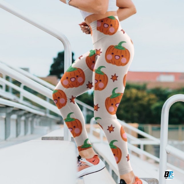 Orange Grönt Cute Smiling Pumpkin Mönster Leggings (#halloweentime)