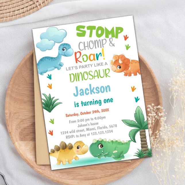 Orange Grönt Dinosaur Birthday-inbjudningar Inbjudningar (Green Gold Glitter Dinosaur Birthday Invitations)