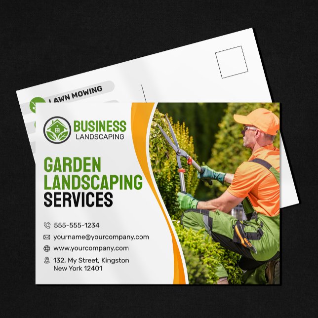 Orange & grönt Garden Landscaping Lawncare Mwing Vykort (Skapare uppladdad)