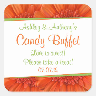 Orange Grönt Gerbera Daisy Candy Buffet-klistermär Fyrkantigt Klistermärke