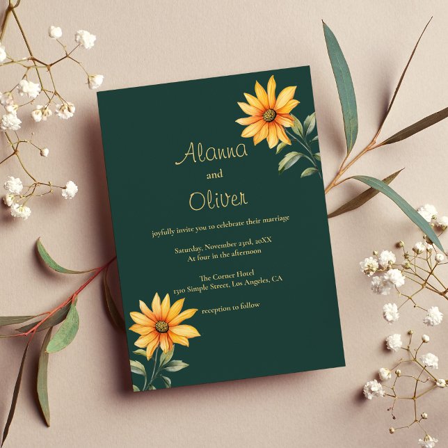 Orange grönt guld solrosolja blommigt Bröllop Inbjudningar (Orange green gold sunflower floral Wedding)