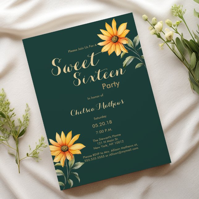 Orange grönt guld solrosolja blommigt Sweet sixtee Inbjudningar (Orange green gold sunflower floral Sweet Sixteen)