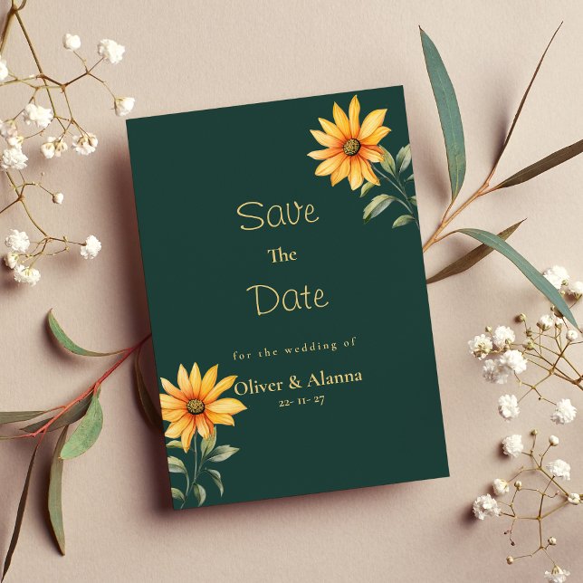 Orange grönt guld solrosols blommigt Spara datum Inbjudningar (Orange green gold sunflower floral Save The Date )