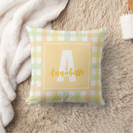 Orange Grönt Gult Blue Pastel Gingham Monogram Kudde