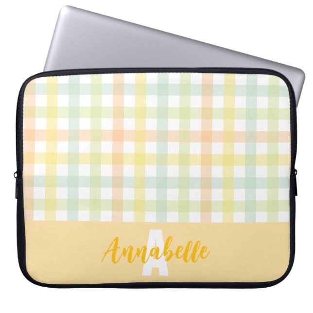 Orange Grönt Gult Blue Pastel Gingham Monogram Laptop Fodral (Framsidan)