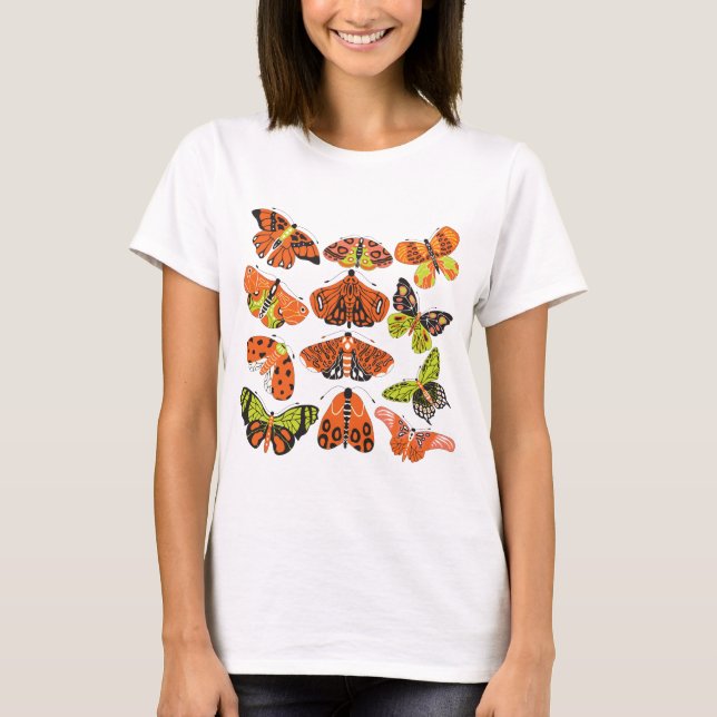 Orange Grönt Moth and Butterfly T-Shirt (Framsida)