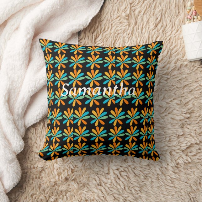 Orange, Grönt och Blåa blommor Kudde (Filt)