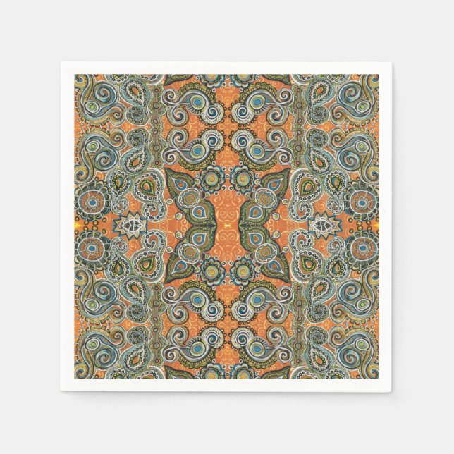orange grönt paisley napkin pappersservett (Framsidan)