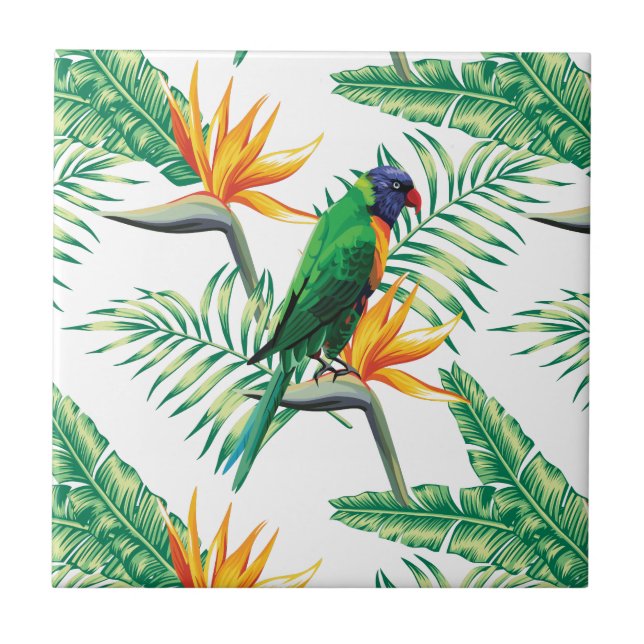Orange Grönt Parrot och blommor Kakelplatta (Framsidan)