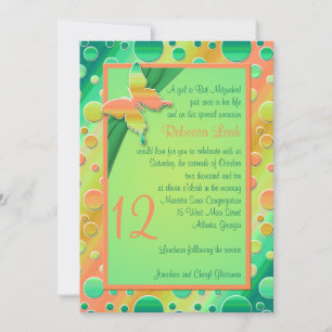 Orange, Grönt Polka-streck stripe Bat mitzvah Inbj Inbjudningar