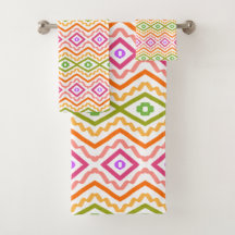 Orange Grönt Rosa Patterned Bath Towel Set