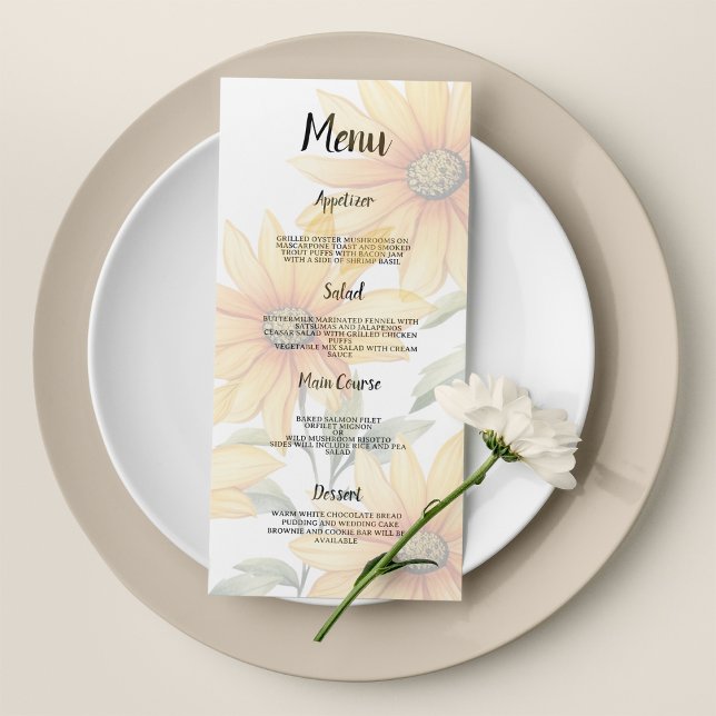 Orange grönt solrosolja Sommar blommigt Bröllop Me Program (Orange green sunflower summer floral Wedding Menu )